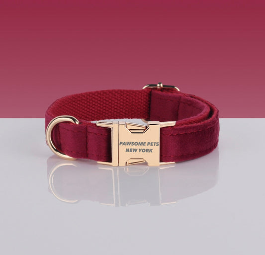 Maroon velvet dog and cat collar from Pawsome Pets, soft and stylish pet accessory with adjustable strap.