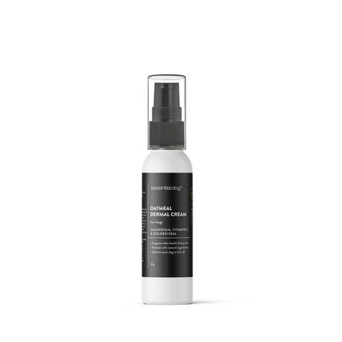 Essential Dog dermal cream with colloidal oatmeal, calendula, and vitamin E for soothing skin care.