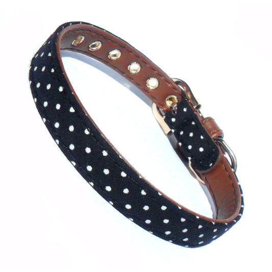 Polka dot fabric dog collar with faux leather accents from Prince&Princess, featuring a stylish design for small and medium dogs.