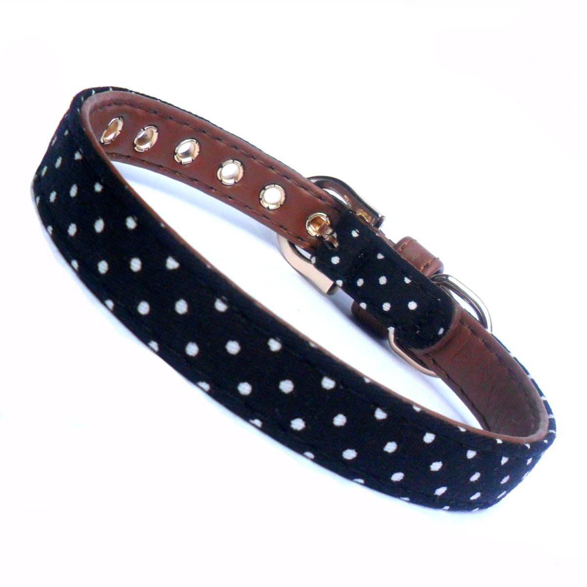 Polka dot fabric dog collar with faux leather accents from Prince&Princess, featuring a colorful, adjustable design for pets.