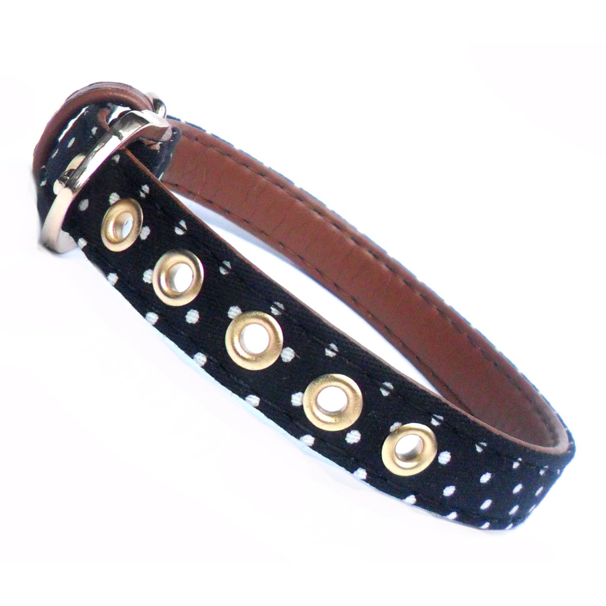 Polka dot fabric dog collar by Prince&Princess with faux leather accents, adjustable for a comfortable fit.