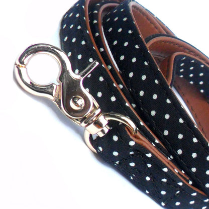 Close-up of Prince&Princess polka dot fabric dog lead with faux leather accents, showcasing vibrant pattern and sturdy construction.
