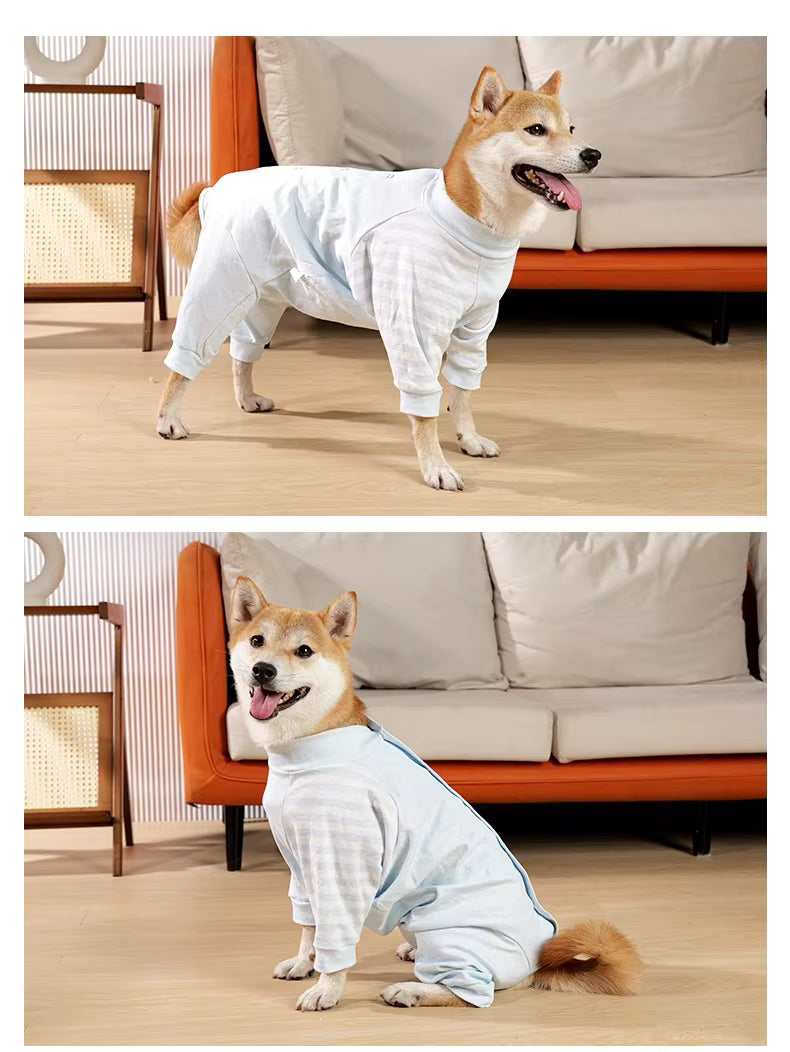 Dog recovery pyjamas from Pawsome Pet Store, calming post-surgery suit with soft fabric and adjustable fit for comfort.