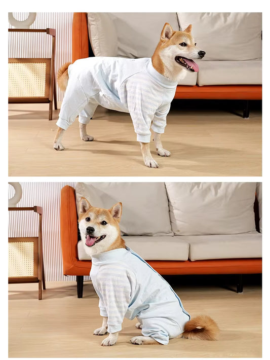 Dog recovery pyjamas from Pawsome Pet Store, calming post-surgery suit with soft fabric and adjustable fit for comfort.