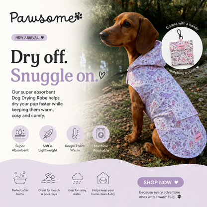 Polka dot waterproof dog raincoat with hood from Pawsome Pet Store, shown with matching pouch for outdoor dog rainwear.