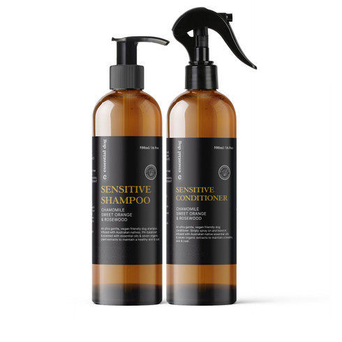 Essential Dog Sensitive Dog Shampoo and Conditioner pack with chamomile, orange, and rosewood for gentle cleansing and soothing.