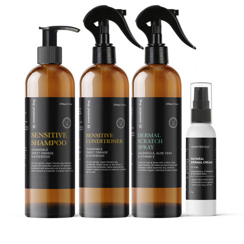 Essential Dog Sensitive Pack includes shampoo, conditioner, scratch spray, and cream for sensitive skin care.