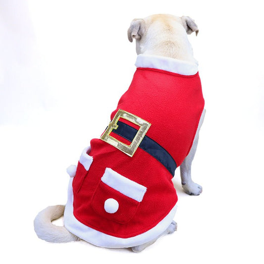 Shiny velvet Christmas coat for pets in red with white trim, featuring a festive holiday design and comfortable fit.