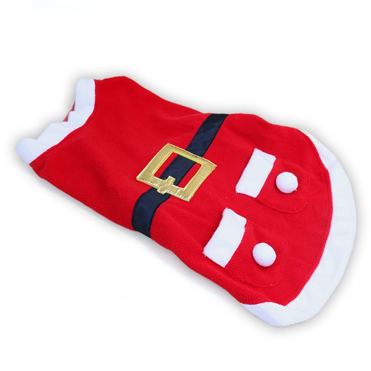 Shiny velvet pet Christmas coat in red with white trim, cozy and festive for small dogs or cats, by Cashymart.