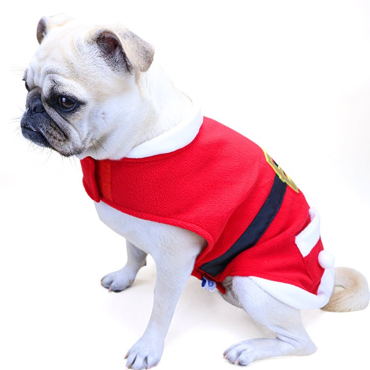 Shiny velvet pet Christmas coat with festive red and green accents, designed by Cashymart for holiday warmth and style.