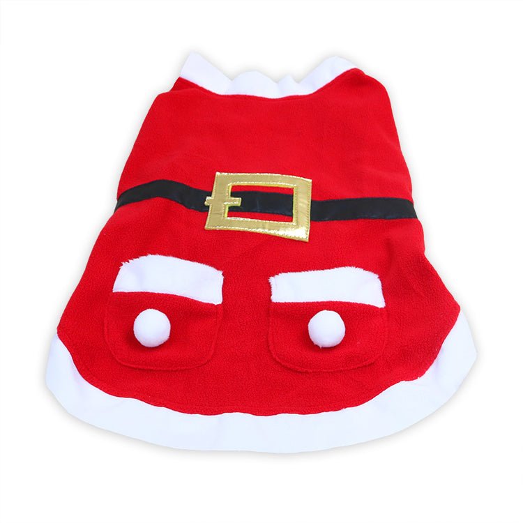Shiny velvet Christmas coat for pets in red with white trim, designed by Cashymart, perfect for festive holiday occasions.