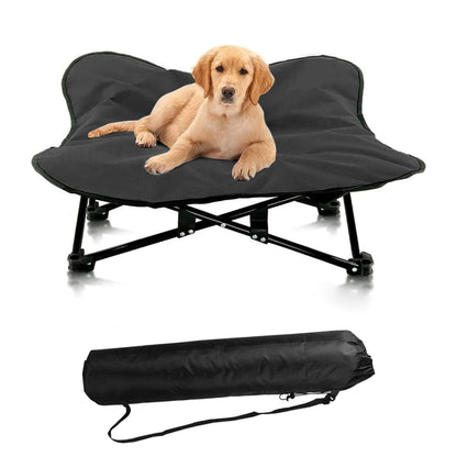 Foldable elevated NNETM pet bed for dogs, portable raised pet bed suitable for indoor and outdoor use, with a cushioned surface.
