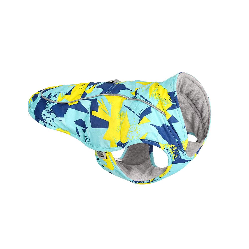 Reflective waterproof dog jacket with stylish print design by Dog Hugs Cat, featuring bright reflective details and vibrant print.
