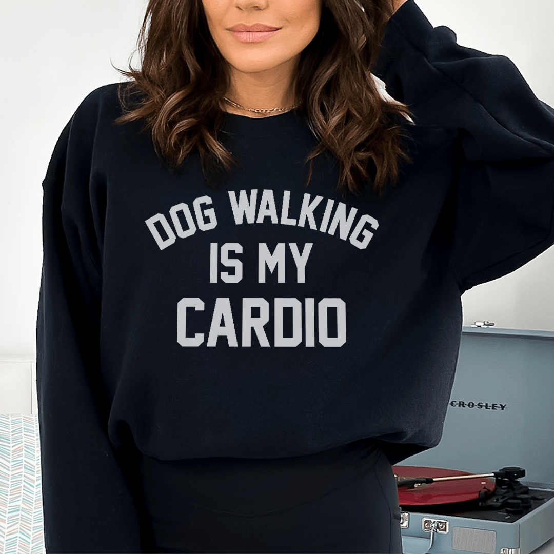 Black Merchmallow Pet Lover hoodie featuring a dog-walking-is-my-cardio graphic, soft and warm sweatshirt for everyday comfort.
