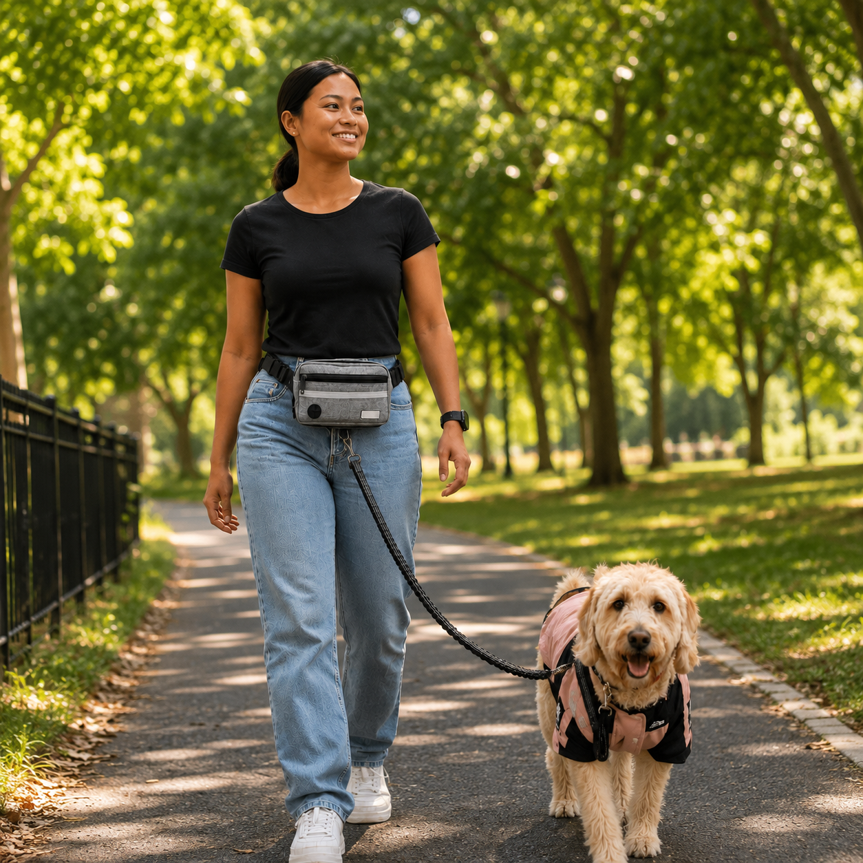 A woman walks a small dog on a paved path in a sunlit park. The woman wears a black T-shirt, light blue jeans, and white sneakers, with a black waist bag holding a small rectangular device.