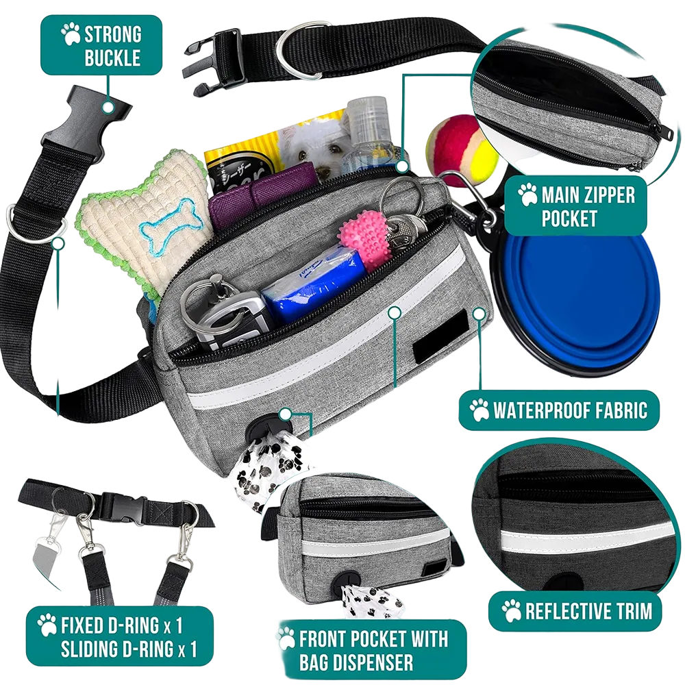 Gray pet waist bag shown with multiple inset callouts highlighting features such as a strong buckle, main zipper pocket, waterproof fabric, fixed D-ring, front pocket with bag dispenser, and reflective trim. The bag is open and filled with pet accessories on a white background with faint paw-print pattern.