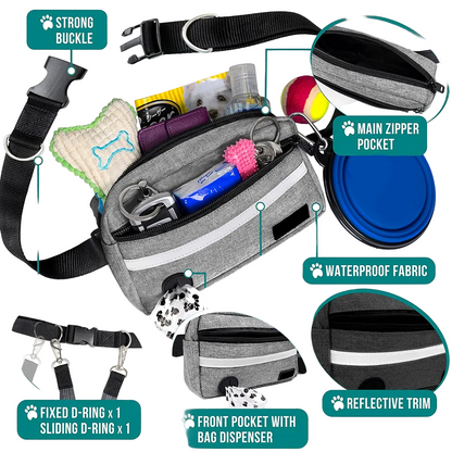 Gray pet waist bag shown with multiple inset callouts highlighting features such as a strong buckle, main zipper pocket, waterproof fabric, fixed D-ring, front pocket with bag dispenser, and reflective trim. The bag is open and filled with pet accessories on a white background with faint paw-print pattern.