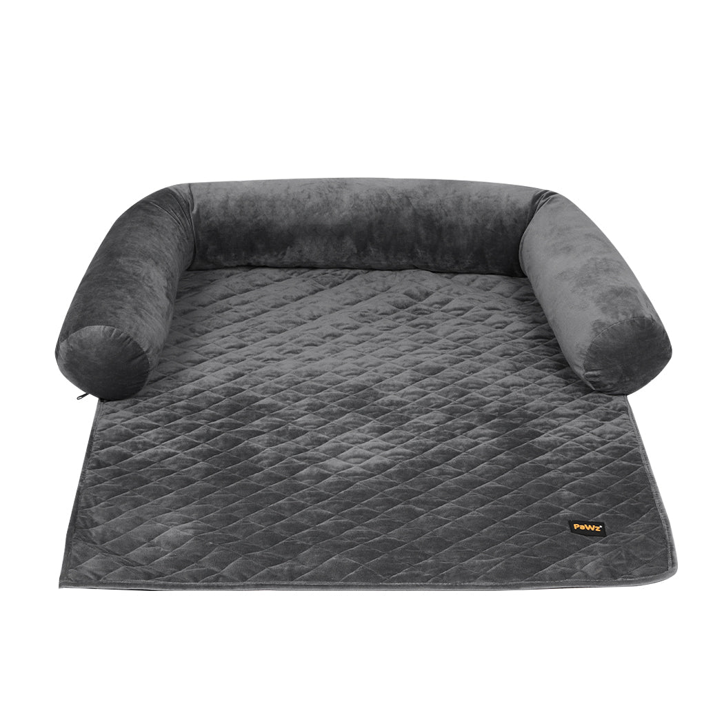 Grey quilted dog sofa protector with bolsters from IDropship, designed to shield furniture from pets' fur and scratches.