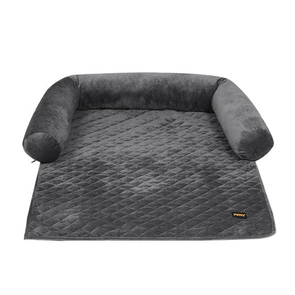 Grey quilted dog sofa protector with bolsters from IDropship, designed to shield furniture from pets' fur and scratches.