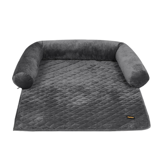 Grey quilted dog sofa protector with bolsters from IDropship, designed to shield furniture from pets' fur and scratches.