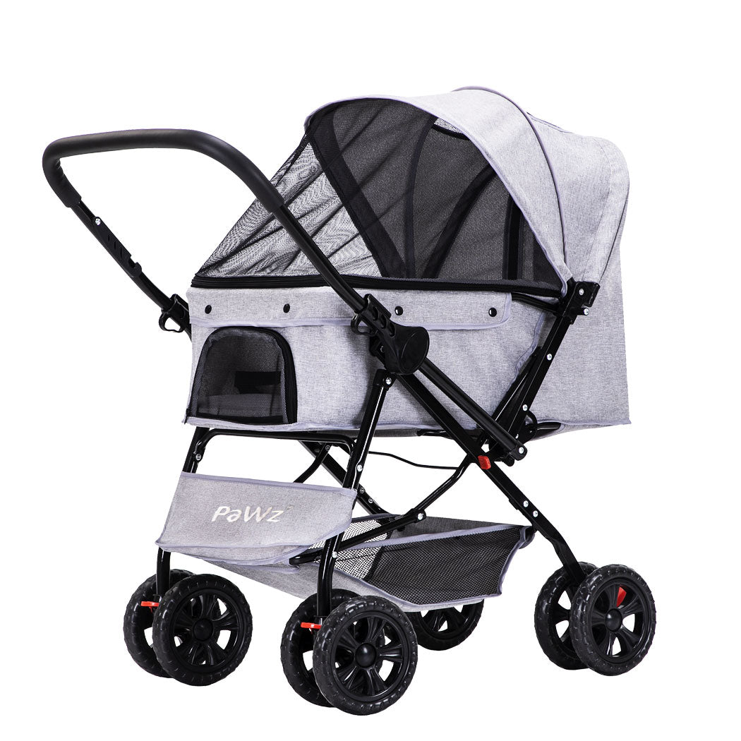 Gray IDropship PaWz pet stroller pram for dogs and cats, with mesh windows and sturdy frame for comfortable pet transport.