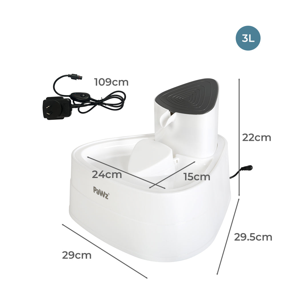IDropship PaWz electric pet water fountain for cats and dogs, with a clear water stream and durable plastic base.