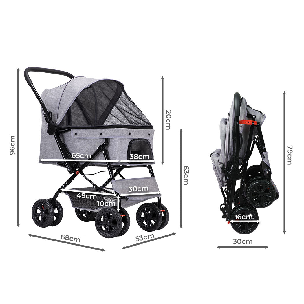 Grey IDropship PaWz Pet Stroller Pram with a dog carrier trailer, designed for easy transport of small dogs and cats.
