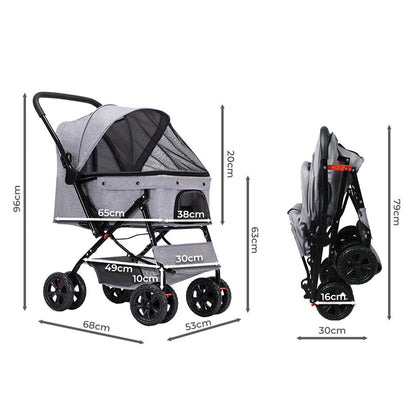 Grey IDropship PaWz Pet Stroller Pram with a dog carrier trailer, designed for easy transport of small dogs and cats.