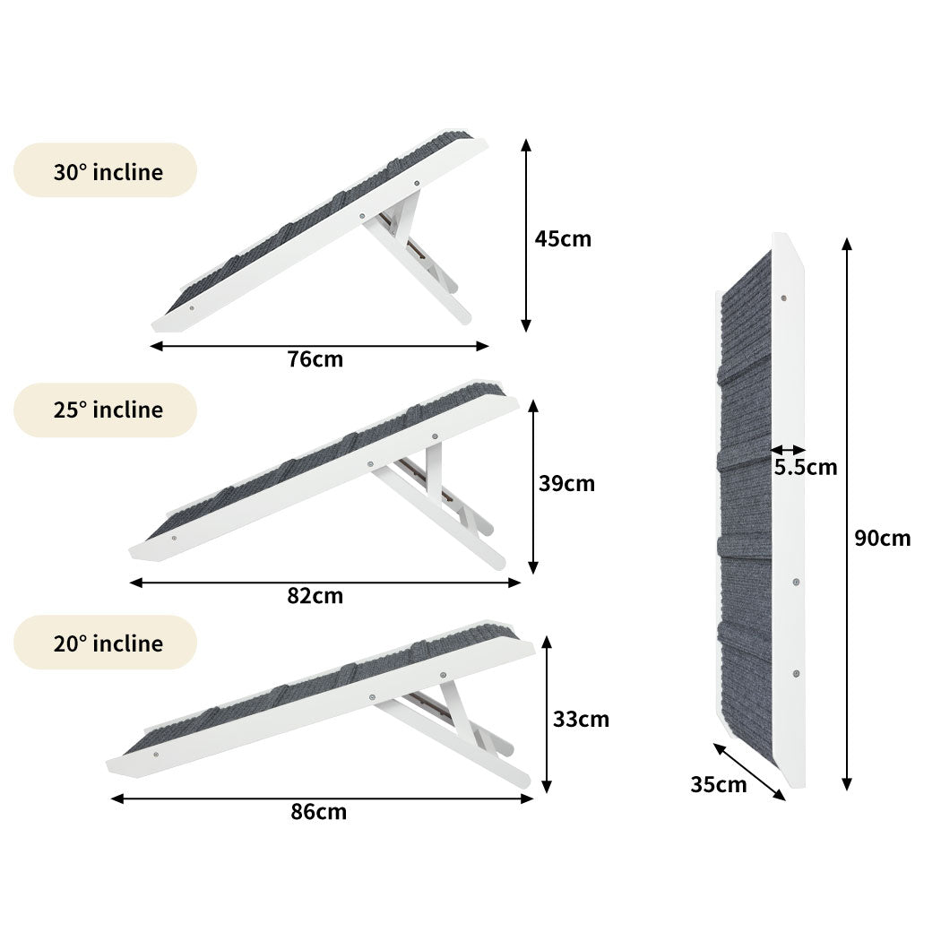 White adjustable dog ramp with height stair design for pets, ideal for aiding dogs and cats in reaching high surfaces.