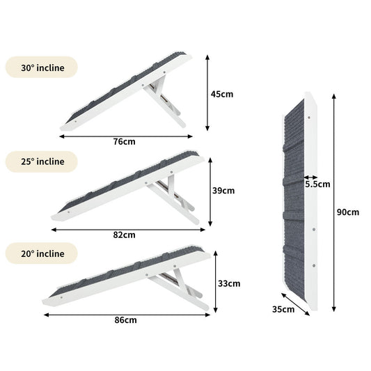 White adjustable dog ramp with height stair design for pets, ideal for aiding dogs and cats in reaching high surfaces.