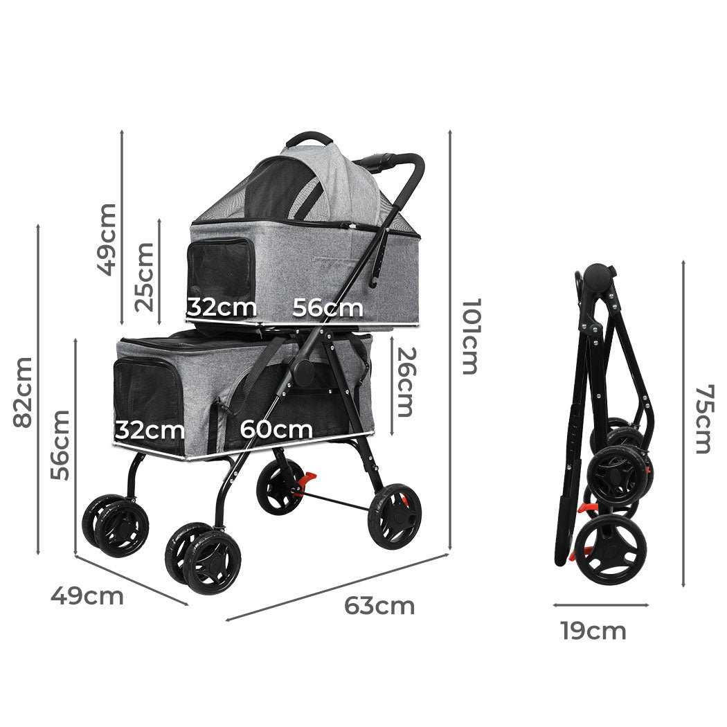IDropship PaWz two-tier pet stroller with double compartments for cats and dogs, featuring a sturdy frame and comfortable handles.