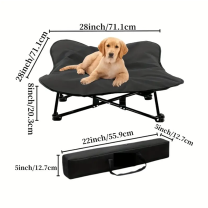 Foldable elevated dog bed by NNETM with a sturdy frame and fabric sleeping surface, suitable for indoor and outdoor use.