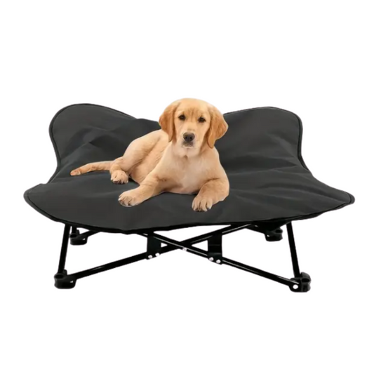 Foldable NNETM portable elevated dog bed with a sturdy frame and fabric surface, suitable for indoor and outdoor use.